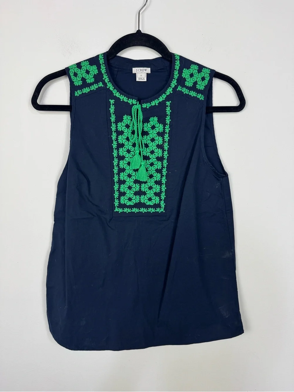 J.Crew Navy & Green Embroidered Tank Top Blouse Dressy